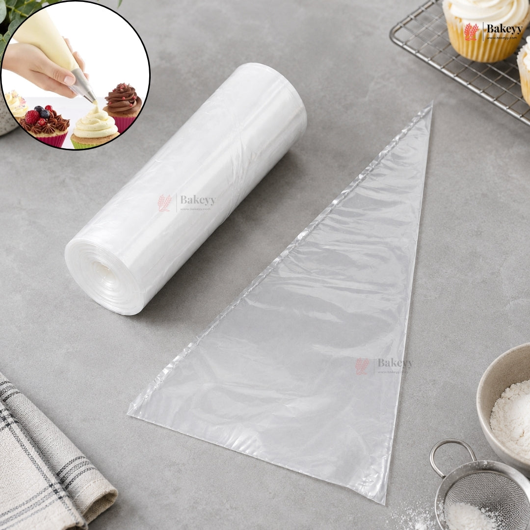 Baking tools including a piping bag, triangle tip, and a person decorating a cupcake on a gray surface.