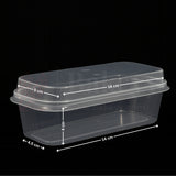 Clear plastic container with dimensions labeled on a black background