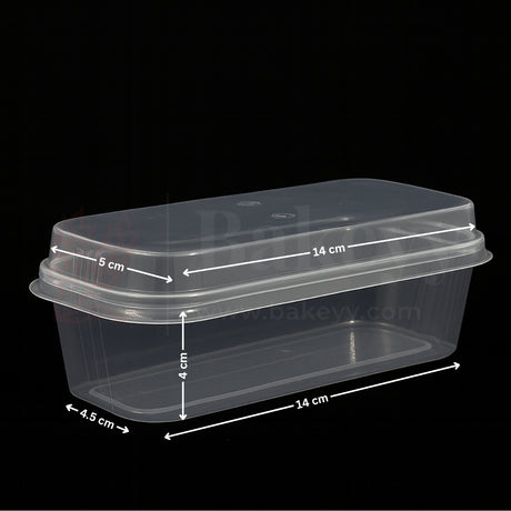 Clear plastic container with dimensions labeled on a black background