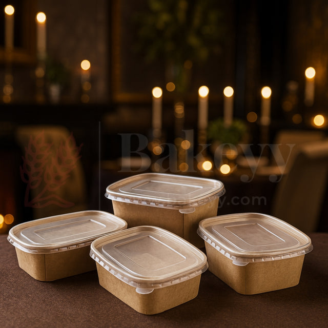 Set of brown cardboard food containers with lids on a dark background with candles.