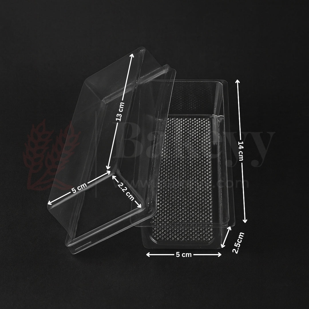 Transparent plastic packaging with dimensions on a black background