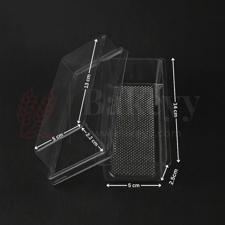 Transparent plastic packaging with dimensions on a black background