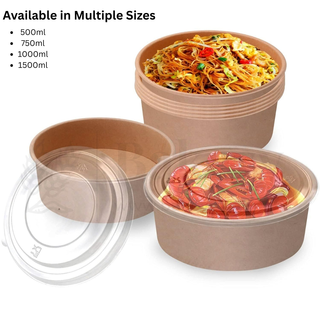 Three brown paper food containers with lids, filled with different types of food, on a white background.