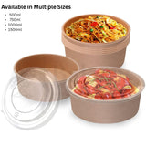 Three brown paper food containers with lids, filled with different types of food, on a white background.