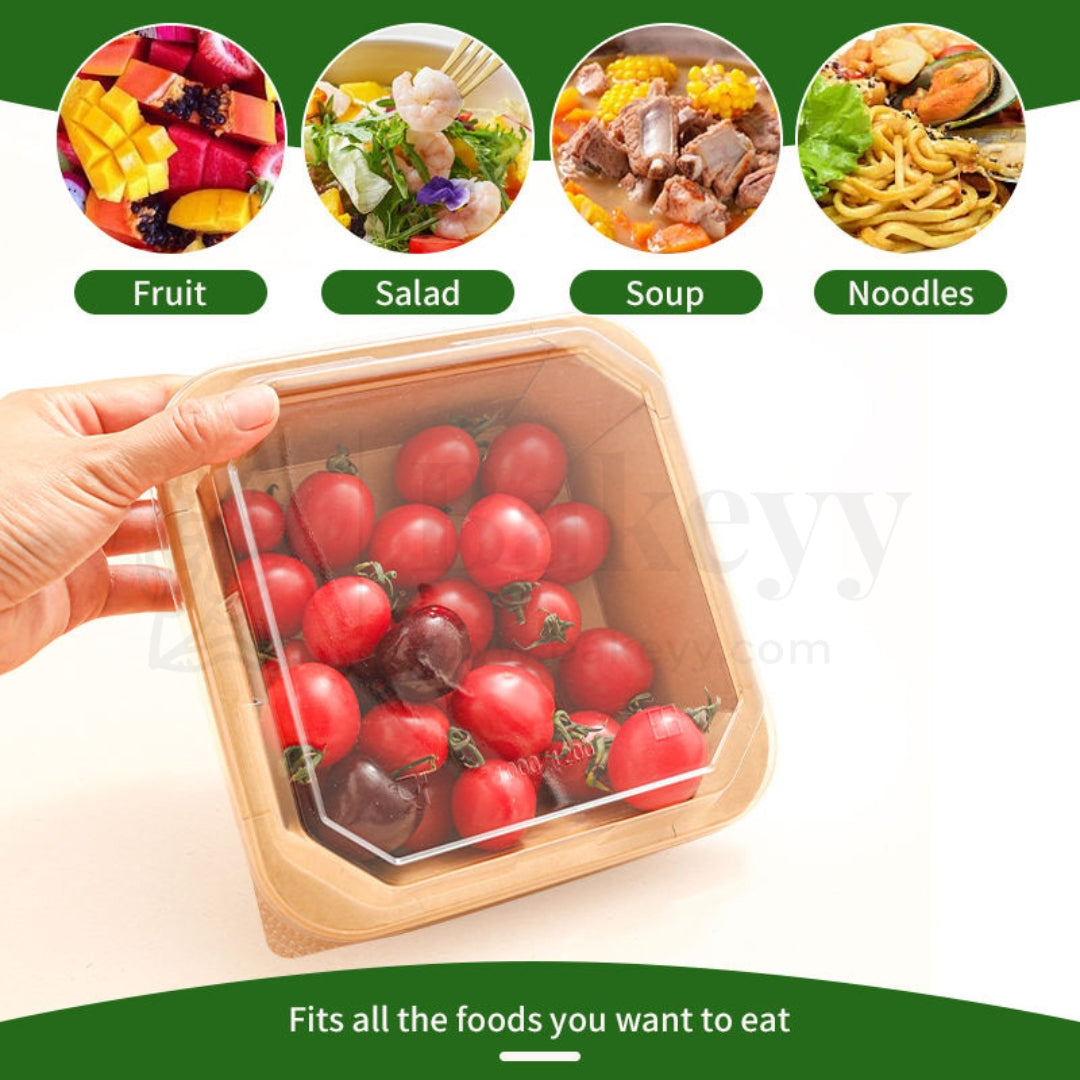 Hand holding a transparent container with red tomatoes, surrounded by food category icons at the top.