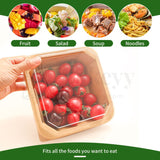 Hand holding a transparent container with red tomatoes, surrounded by food category icons at the top.