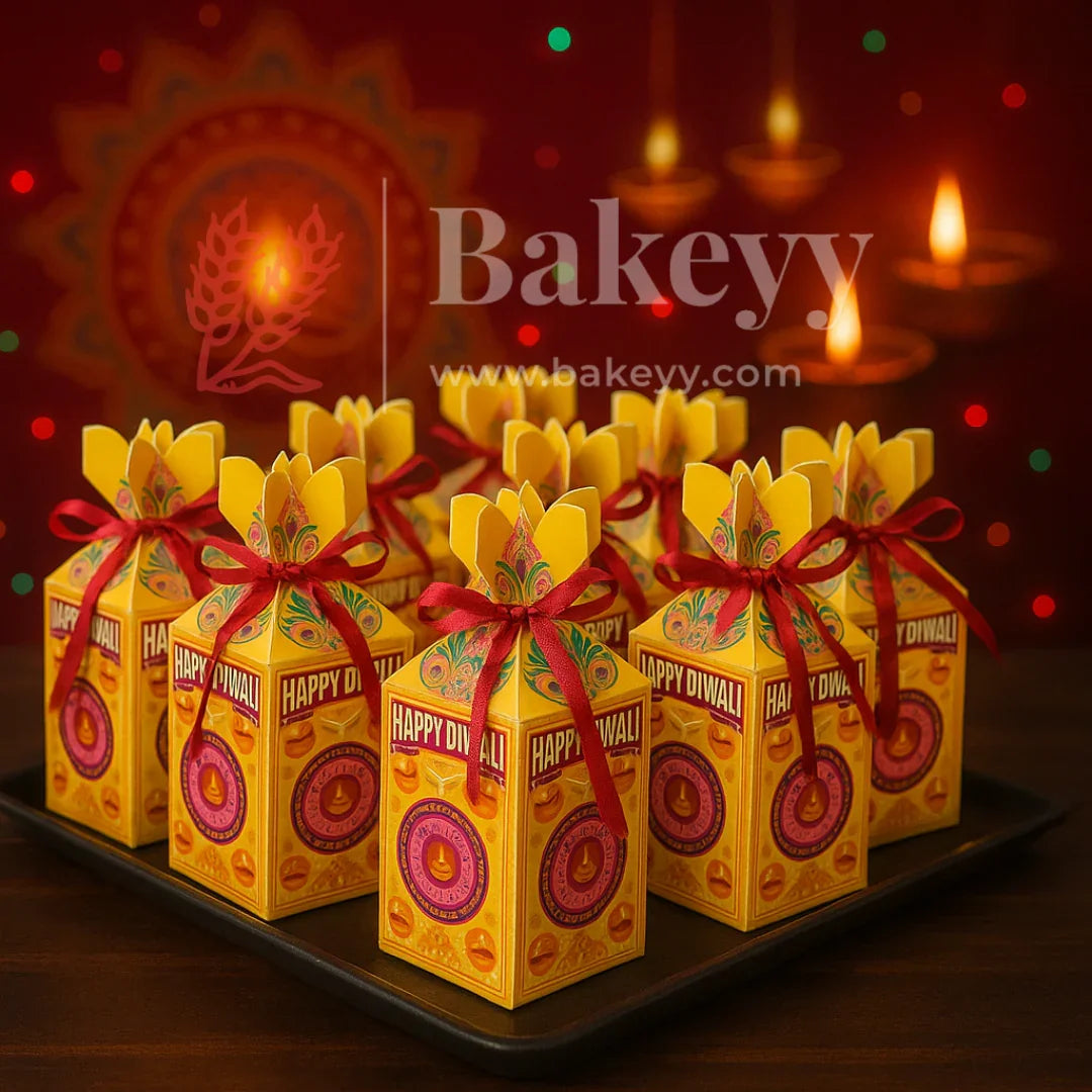 6.5x6.5x10 cm | Diwali Chocolate Gift Box – Festive Yellow Design | Yellow | Pack of 10
