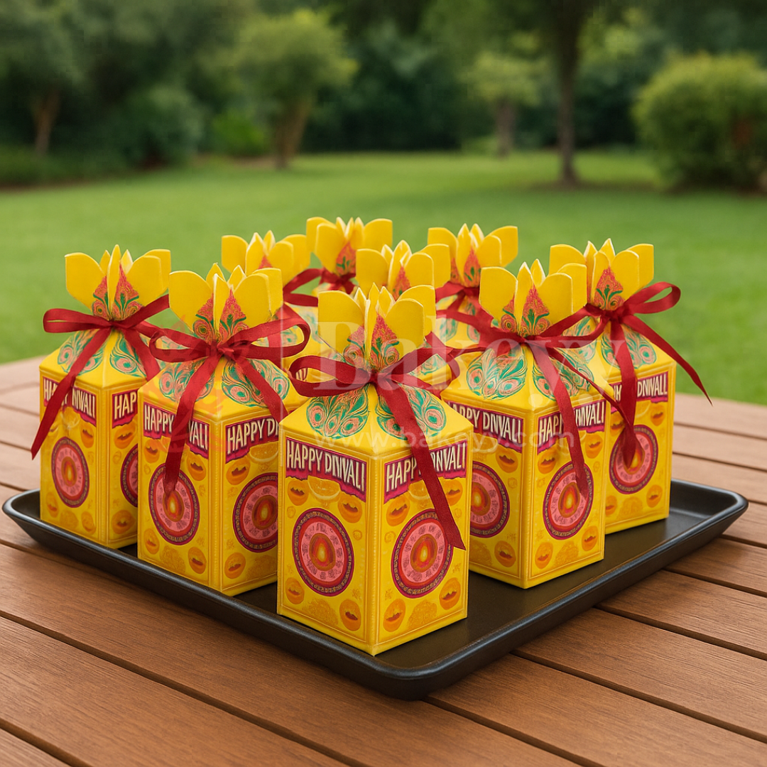 6.5x6.5x10 cm | Diwali Chocolate Gift Box – Festive Yellow Design | Yellow | Pack of 10