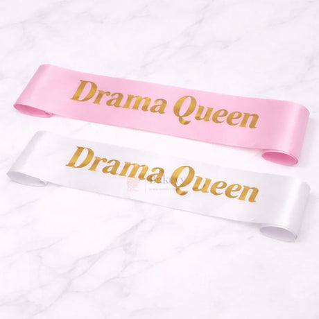 Drama Queen Satin Party Sash Pink & White with Gold Foil Lettering | Pack of 1