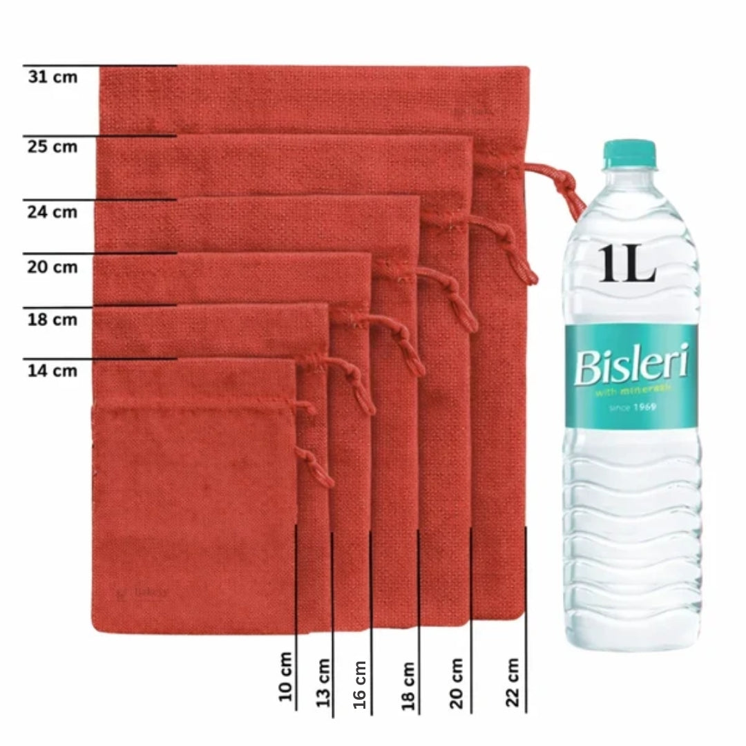 Red Color | Drawstring Fabric Gift Pouch Bags | Reusable Storage & Packaging Bags | Pack of 10