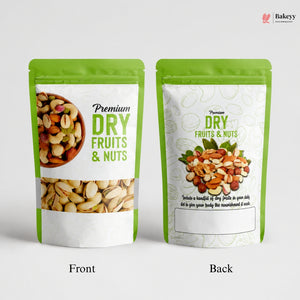 Two packages of premium dry fruits and nuts with front and back views on a white background.