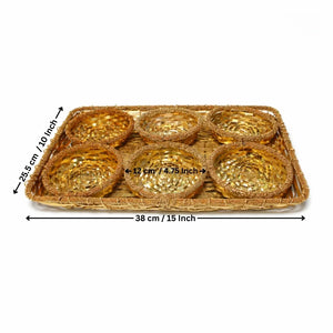 Rectangular woven dry fruits tray with six round compartments, ideal for gift hampers, Bakeyy.com