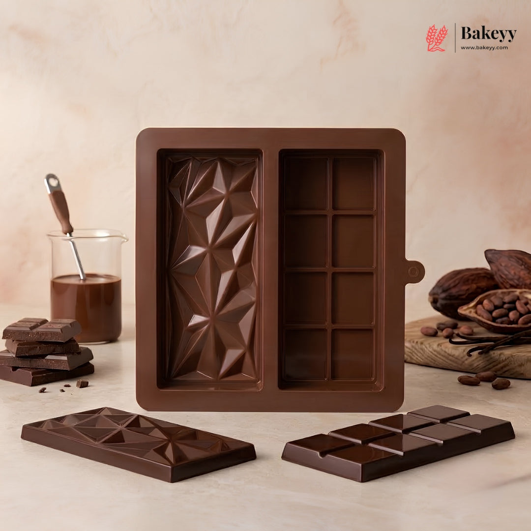 2 Cavity Dual Design Silicone Chocolate Bar Mould | Diamond Pattern & Classic Bar Chocolate Mould | Pack of 1
