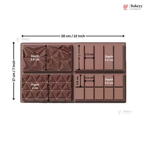 Chocolate mold dimensions diagram showing a 17 cm by 30 cm rectangular mold with four sections, labeled with depth measurements in centimeters and inches on a white background.