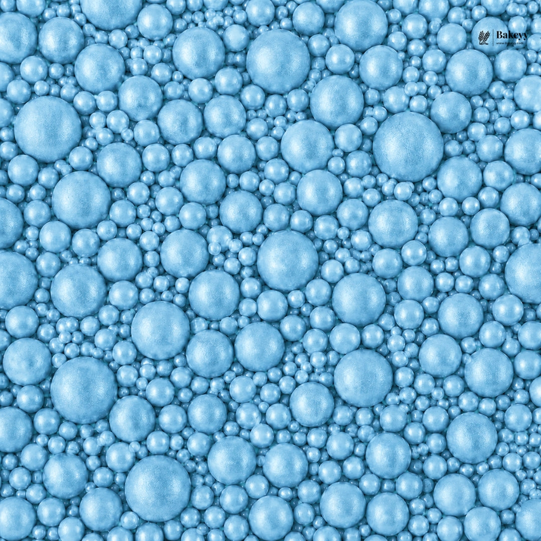 Pattern of blue bubbles with a brand logo in the corner