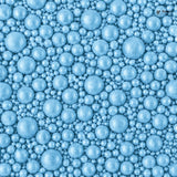 Pattern of blue bubbles with a brand logo in the corner