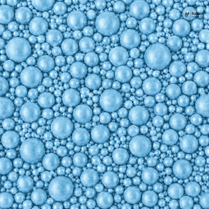 Pattern of blue bubbles with a brand logo in the corner
