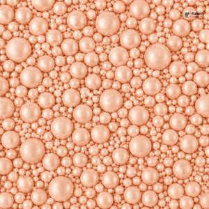 Pattern of pink pearls with a brand logo in the corner