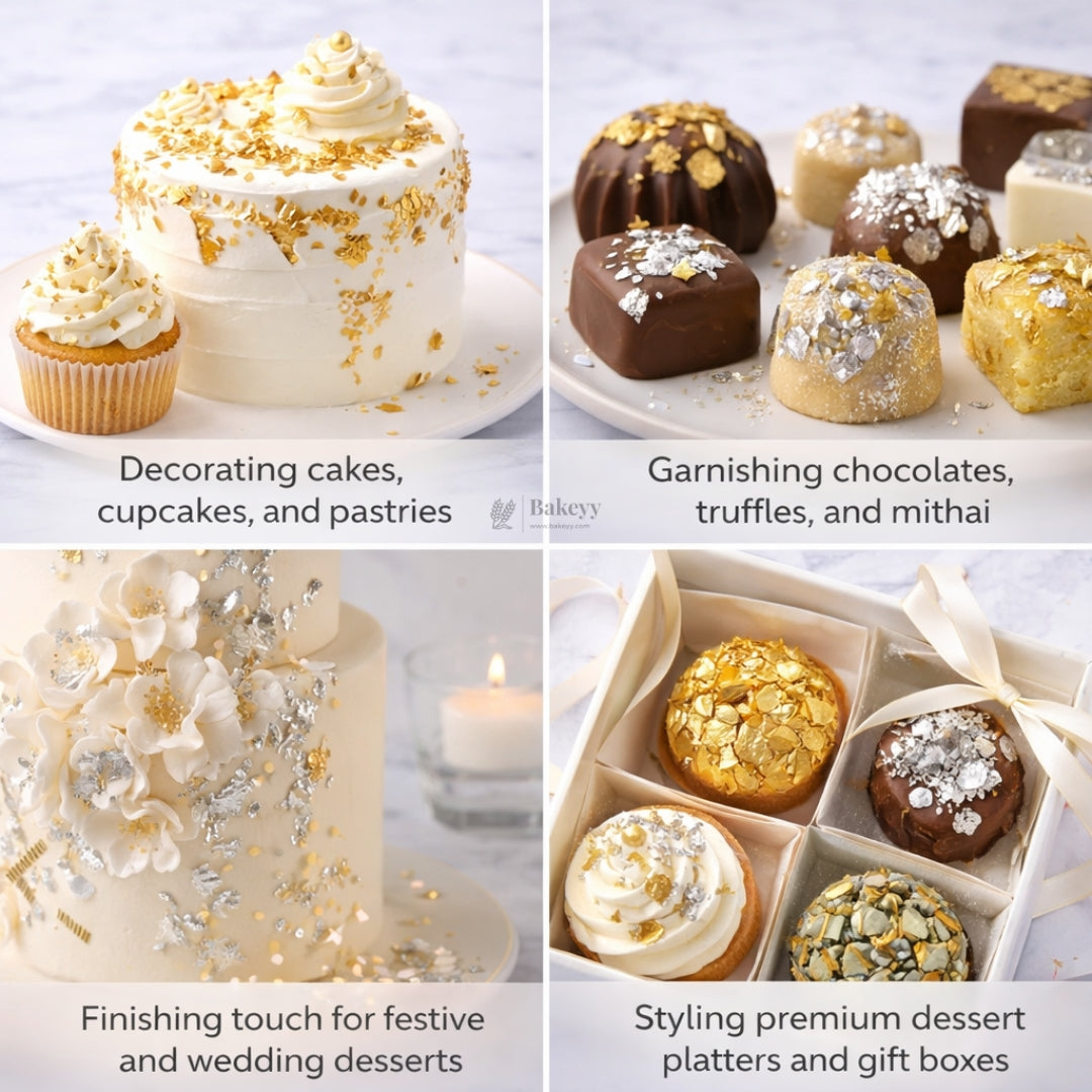 Edible Metallic Leaf Flakes | Gold & Silver Finish | Cake Decoration & Dessert Garnish | Pack of 1