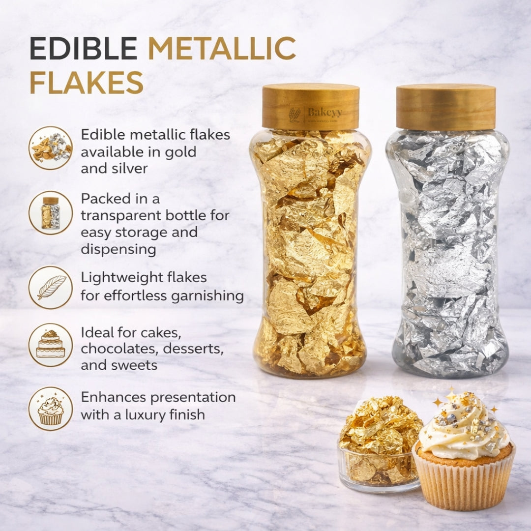 Edible Metallic Leaf Flakes | Gold & Silver Finish | Cake Decoration & Dessert Garnish | Pack of 1