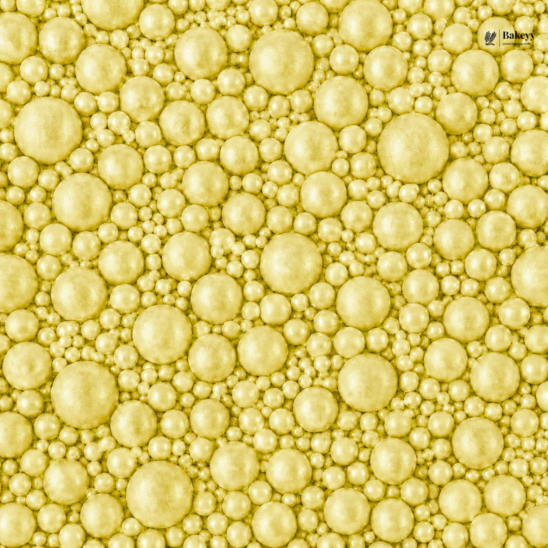 Pattern of yellow pearls with a brand logo in the corner