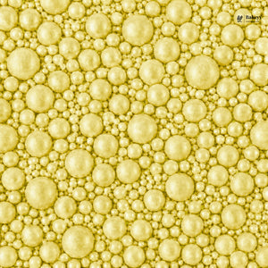 Pattern of yellow pearls with a brand logo in the corner
