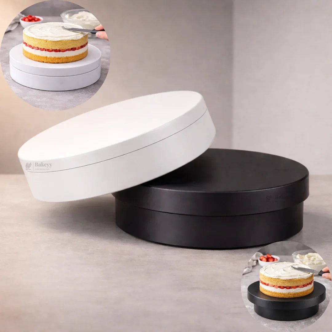 Electric cake decorating turntable from Bakeyy.com — hands-free rotation for smooth frosting