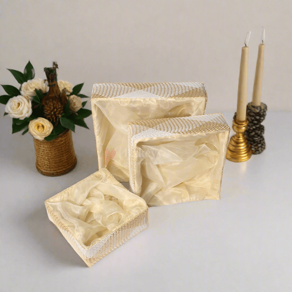 Hues Elegant Beige Pearl Net Square Hamper | Luxurious Gifting Basket - Bakeyy.com - India - Hues Elegant Beige Pearl Net Square Hamper | Luxurious Gifting Basket - Small-8 Inch