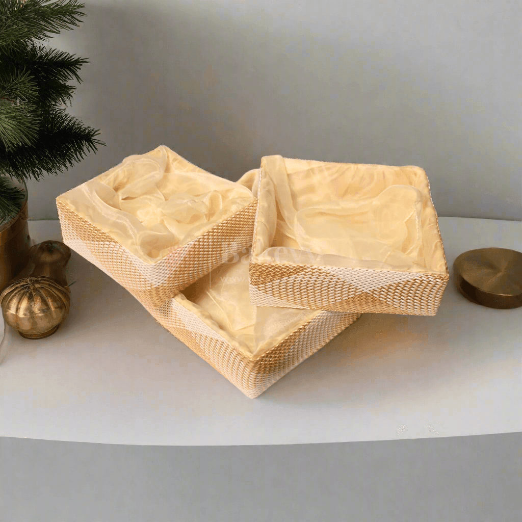 Hues Elegant Beige Pearl Net Square Hamper | Luxurious Gifting Basket - Bakeyy.com - India - Hues Elegant Beige Pearl Net Square Hamper | Luxurious Gifting Basket - Small-8 Inch