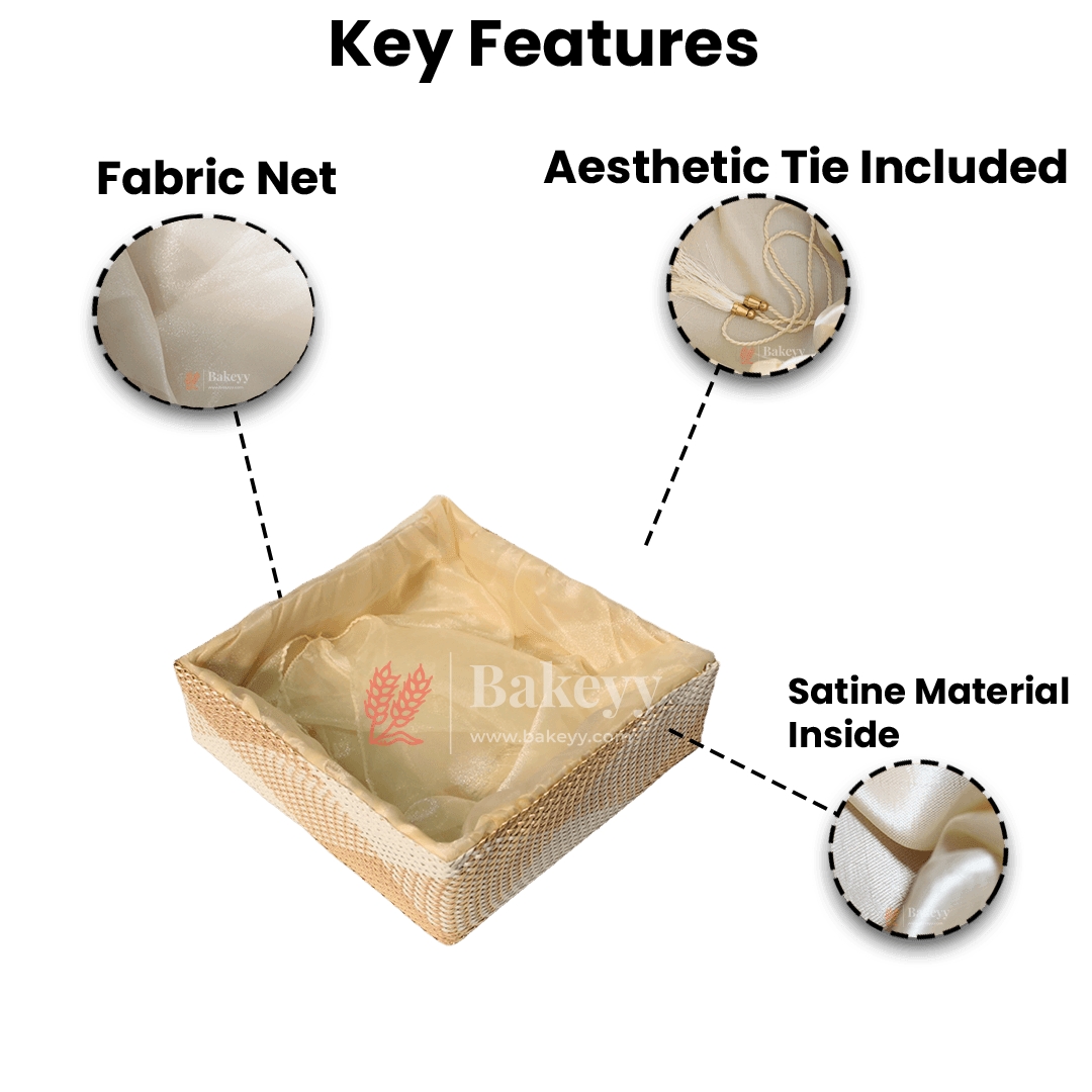 Hues Elegant Beige Pearl Net Square Hamper | Luxurious Gifting Basket - Bakeyy.com - India - Hues Elegant Beige Pearl Net Square Hamper | Luxurious Gifting Basket - Small-8 Inch