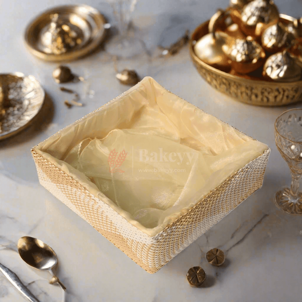 Hues Elegant Beige Pearl Net Square Hamper | Luxurious Gifting Basket - Bakeyy.com - India - Hues Elegant Beige Pearl Net Square Hamper | Luxurious Gifting Basket - Small-8 Inch