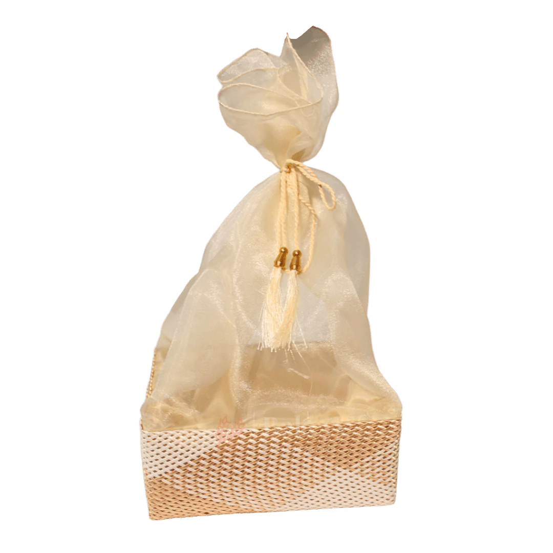 Hues Elegant Beige Pearl Net Square Hamper | Luxurious Gifting Basket - Bakeyy.com - India - Hues Elegant Beige Pearl Net Square Hamper | Luxurious Gifting Basket - Small-8 Inch