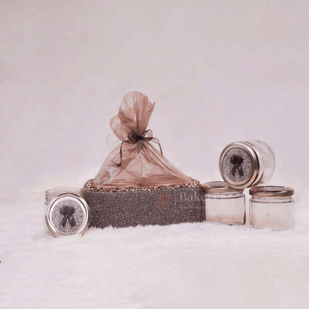 Elegant Sparkling Gift Basket with Glass Jars | Perfect for Gifting and Home Décor - Bakeyy.com - India - Elegant Sparkling Gift Basket with Glass Jars | Perfect for Gifting and Home Décor - Four Jar