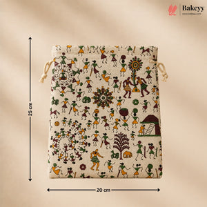 Ethnic Folk Print Jute Potli Bag with Drawstring Closure