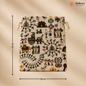 Ethnic Folk Print Jute Potli Bag with Drawstring Closure