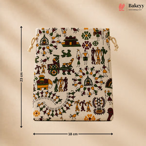 Ethnic Folk Print Jute Potli Bag with Drawstring Closure