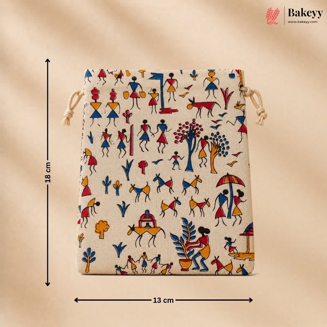 Ethnic Folk Print Jute Potli Bag with Drawstring Closure