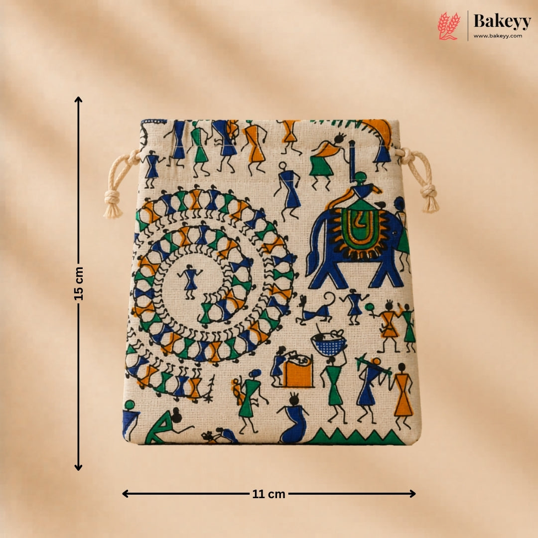 Ethnic Folk Print Jute Potli Bag with Drawstring Closure