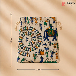 Ethnic Folk Print Jute Potli Bag with Drawstring Closure