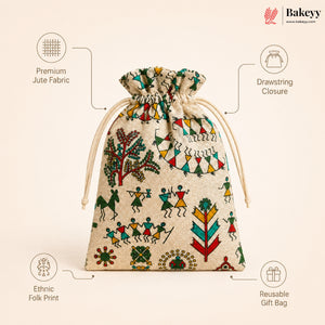 Ethnic Folk Print Jute Potli Bag with Drawstring Closure