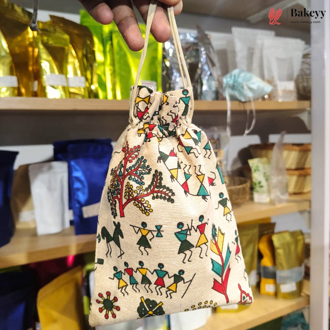Ethnic Folk Print Jute Potli Bag with Drawstring Closure