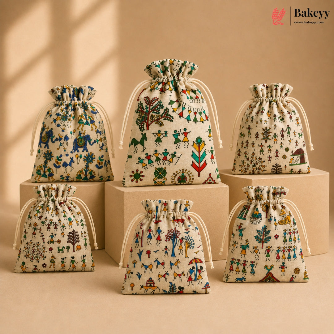 Ethnic Folk Print Jute Potli Bag with Drawstring Closure