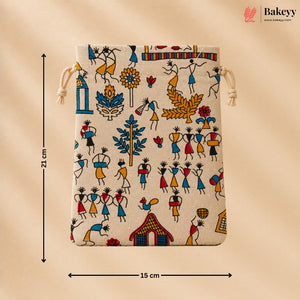 Ethnic Folk Print Jute Potli Bag with Drawstring Closure