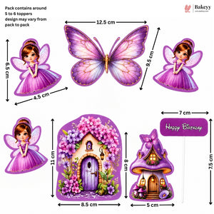 A product dimension diagram showing a set of purple fairy-themed birthday party decorations, including a butterfly, three fairy cutouts, a flower-covered house, and a birthday sign, with measurements in centimeters on a white background.