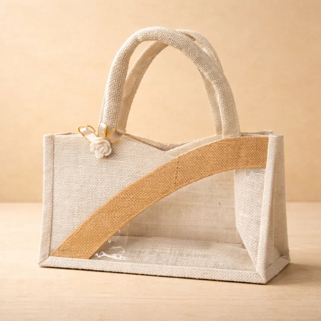 Fancy Jute Bag With Handle | White | Printed Potli Jute Bag | Window Jute Bag | Gift Return Gifts Bags | Pack of 1
