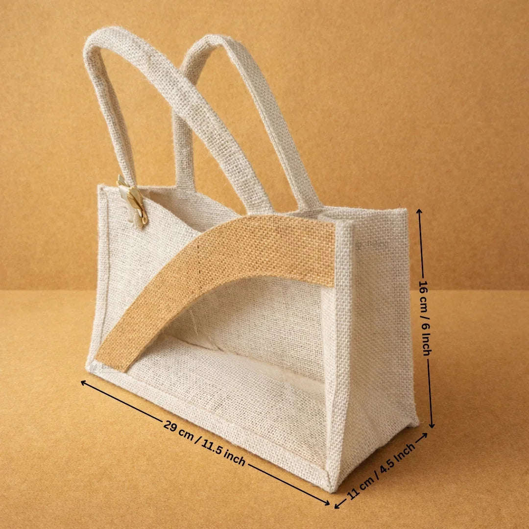 Fancy Jute Bag With Handle | White | Printed Potli Jute Bag | Window Jute Bag | Gift Return Gifts Bags | Pack of 1