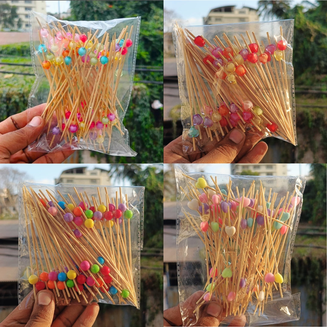 Decorative Cocktail & Dessert Picks | Heart & Round Bead Design | 12 cm Party Food Skewers | 4 Designs Available | Pack Of 70
