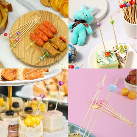 Decorative Cocktail & Dessert Picks | Heart & Round Bead Design | 12 cm Party Food Skewers | 4 Designs Available | Pack Of 70