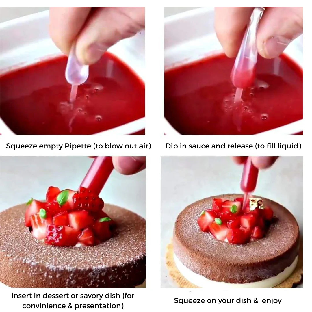 Instructions on using a pipette to add red sauce to a dessert.