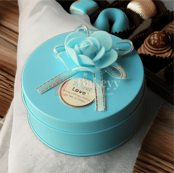 Pack of 12 | Blue Round Empty Decorative Tin Box | Gift Box | Chocolate Box | Sweet Box | Jewellery Box | Luxury Box | - Bakeyy.com